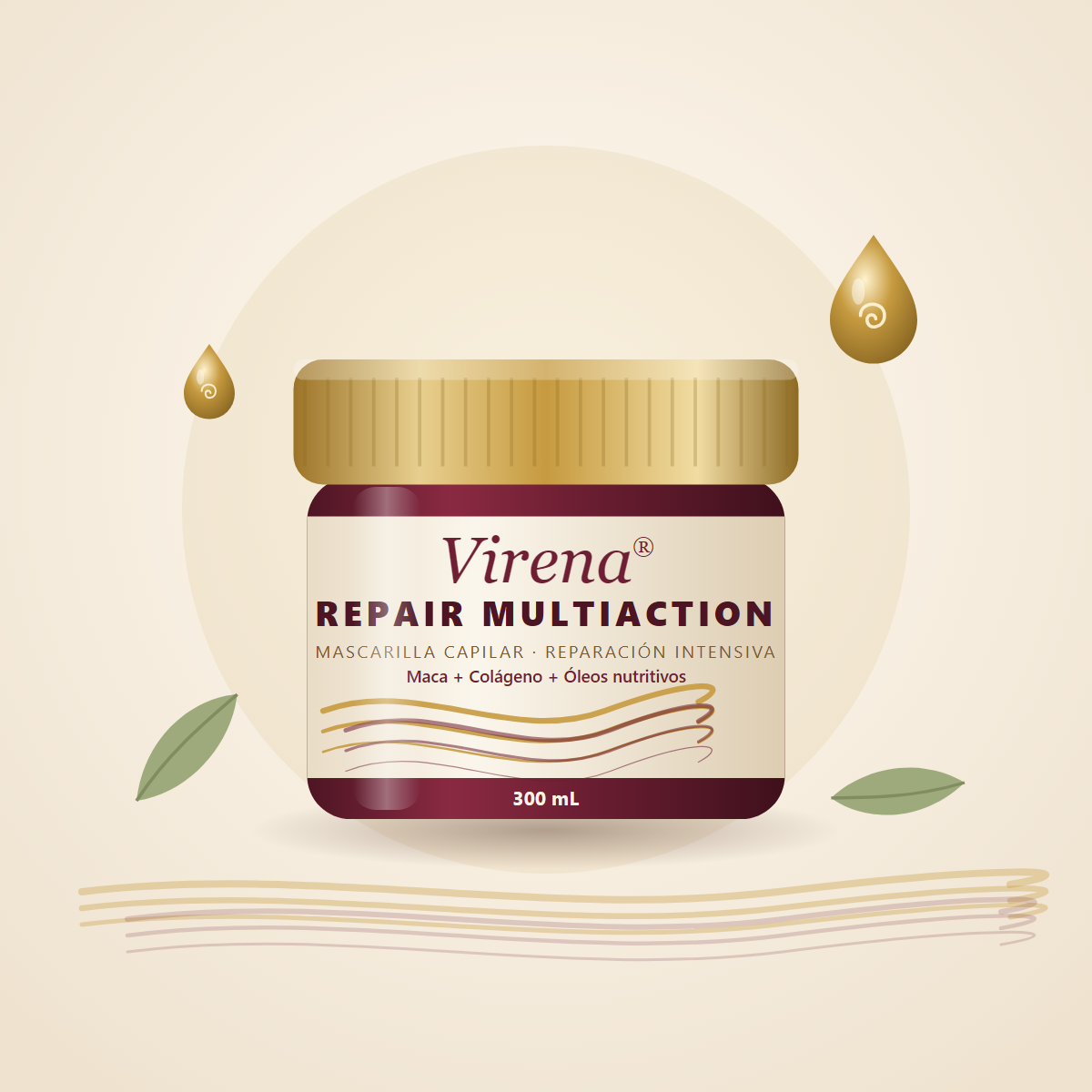 Tarro de mascarilla capilar Virena Repair Multiaction 300 mL con maca, colágeno y óleos nutritivos